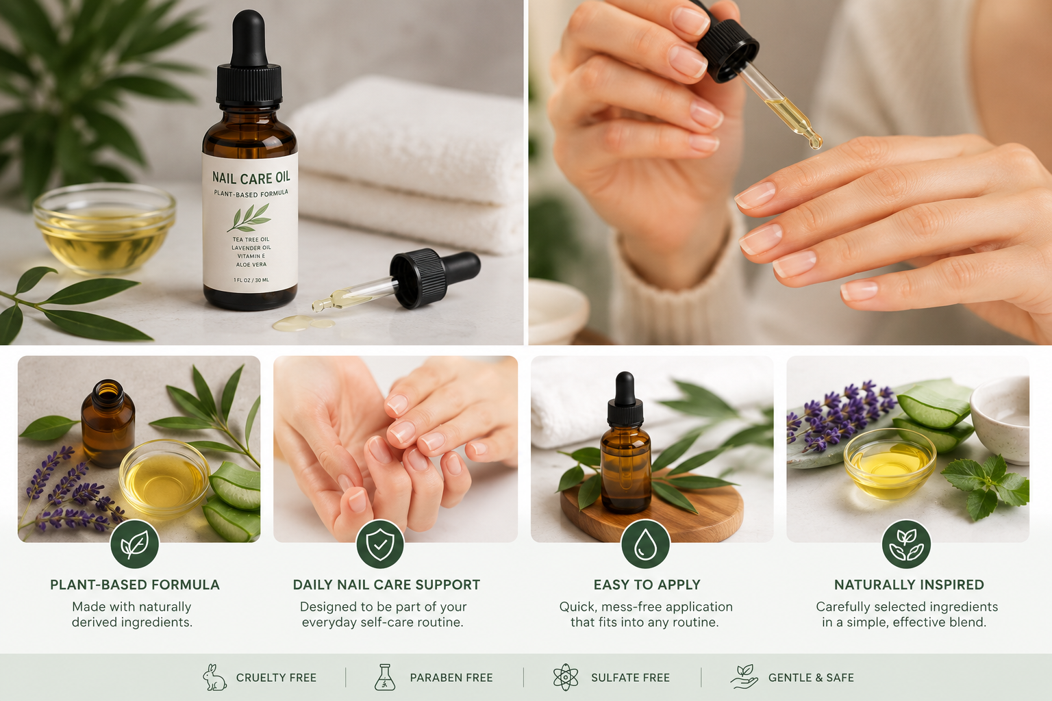 Person applying topical nail care oil in a clean personal care routine