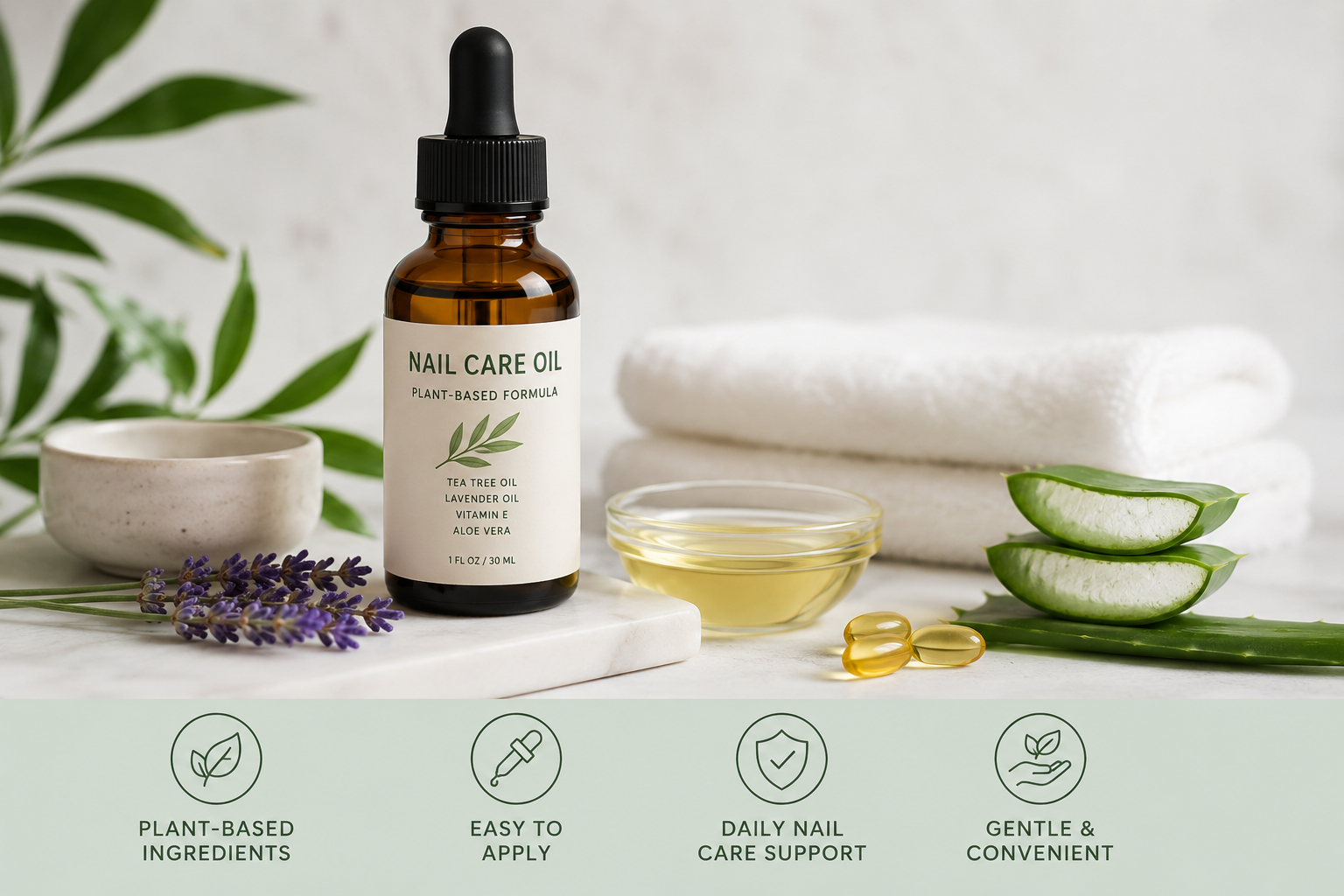 Clean topical nail care routine with oil bottle on a neutral bathroom counter